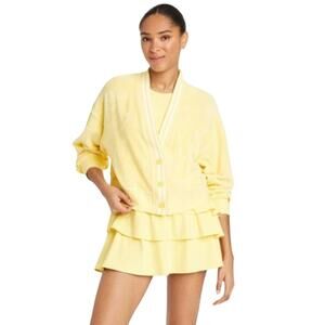 JoyLab Women's Towel Terry Cardigan Midweight Deep V Neck Yellow Size Medium